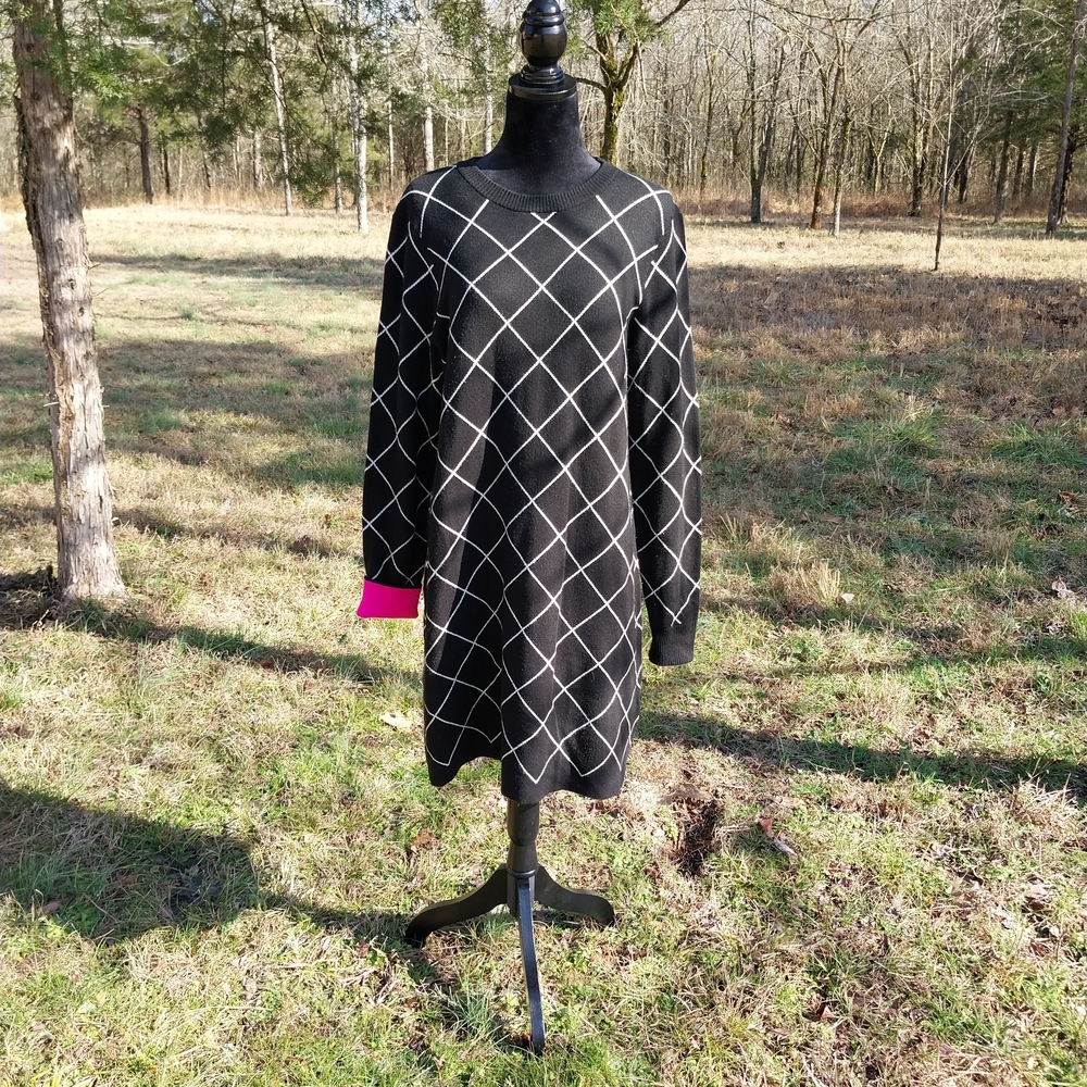 Eliza J Black Dress with White Grid and Pink Cuffs